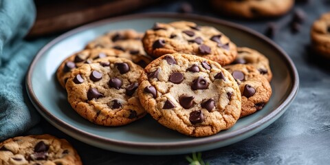 A plate filled with freshly baked chocolate chip cookies made at home. These delightful chocolate chip cookies are perfect for sharing or enjoying on your own.