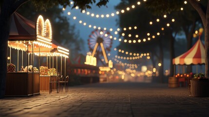 Obraz premium Enchanting Carnival Night Scene with Festive Lights and Colorful Stalls Captured in a Vibrant Atmosphere of Joy and Celebration Under a Starry Sky