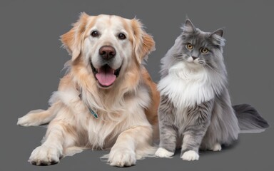 A happy, panting Golden Retriever dog and a blue Maine Coon cat, both looking at the camera against a grey isolated background
