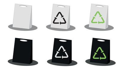 Set of eco craft paper shopping bags, zero waste concept, shopping paper bags with green recycle symbols on white background, white and black mockup of craft paper bags with shadow, 