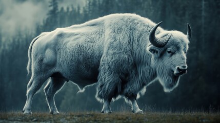 Stunning white buffalo captured in a striking image, showcasing the unique beauty of this rare creature. The white buffalo stands out with its impressive presence and rare coloration.
