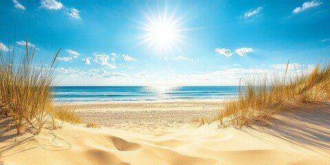 Golden ocean sand dunes stretch along the beach, creating a picturesque scene on a glorious sunny day, inviting you to explore the beauty of ocean sand dunes under the bright sun.