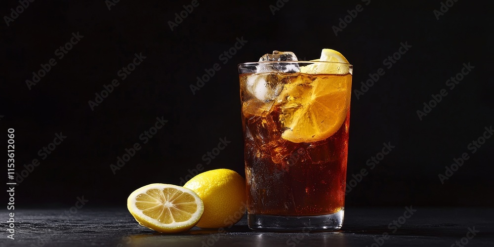Poster freshly brewed ice tea with lemon displayed on a sleek black background, highlighting the refreshing