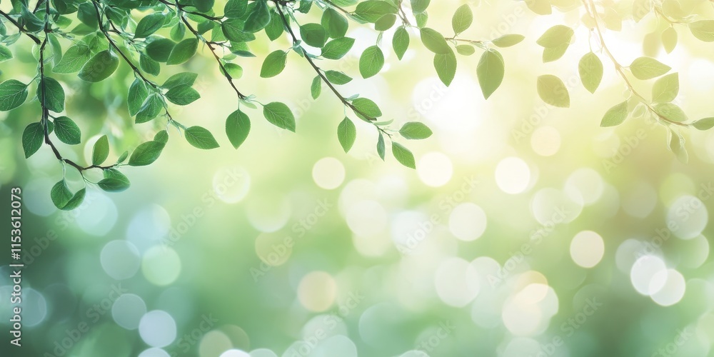 Poster soft blur elements create a serene atmosphere with green bokeh in the morning light. this enchanting