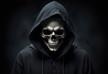A hooded figure with a terrifying skeletal face against a dark background