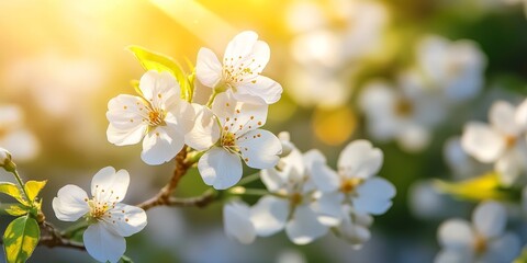 Obraz premium Blooming cherry blossoms display stunning white flowers in spring under bright sunlight, creating a picturesque scene of blooming cherry beauty on a lovely sunny day.