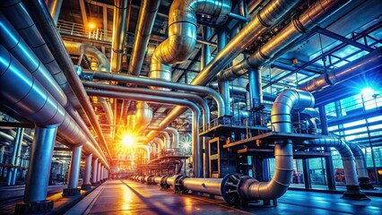 Fototapeta premium Gleaming pipes and illuminated panels: a futuristic industrial pipeline system's panoramic control view.