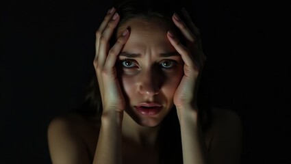 Fototapeta premium A young woman with her hands on her face, looking distressed and overwhelmed in a dimly lit setting. The low-key lighting accentuates her worried expression.