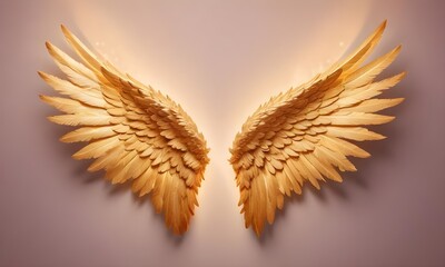 A pair of large, golden angel wings with intricate feather details against a bright, glowing background