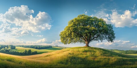 Fototapeta premium Vast panoramic landscape featuring a large linden tree atop a hill in a picturesque hilly meadow during summer, highlighting the beauty of the linden tree and its natural surroundings.