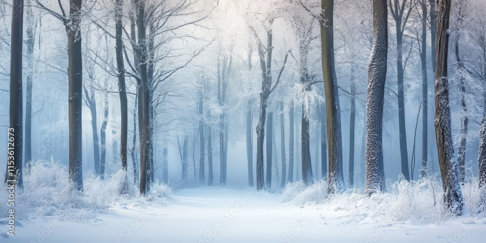 Aufkleber a winter forest covered in a thick layer of snow features trees adorned with frost, creating a seren