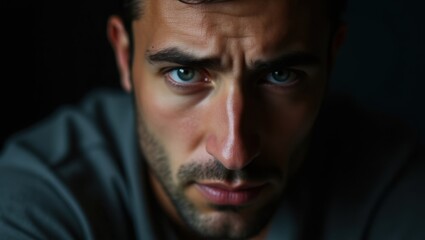 Obraz premium Close-up portrait of a pensive young man with intense eyes, captured in moody low-key lighting. His expression hints at a complex inner world.