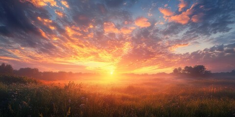 Fototapeta premium Captivating sunrise featuring light cloud cover, creating a serene atmosphere. The beauty of the sunrise with light cloud cover enhances the tranquil landscape, perfect for nature lovers.