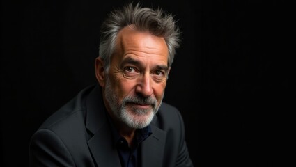 Fototapeta premium Portrait of a mature man with graying hair and beard, wearing a dark suit jacket. A serious yet approachable expression.