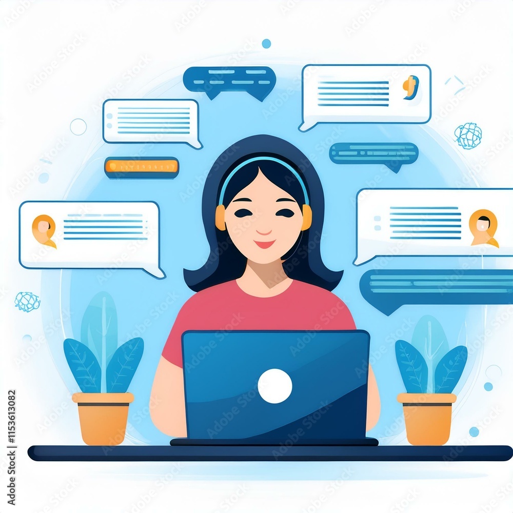 Poster person working on laptop - chat bot chat with ai or artificial intelligence technology.