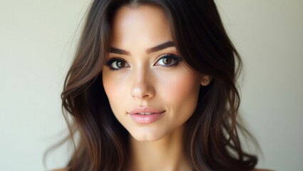 Naklejka premium Close-up portrait of a young woman with long, dark brown hair and subtle makeup. Her warm, inviting expression is enhanced by soft lighting, creating a calm and sophisticated mood.