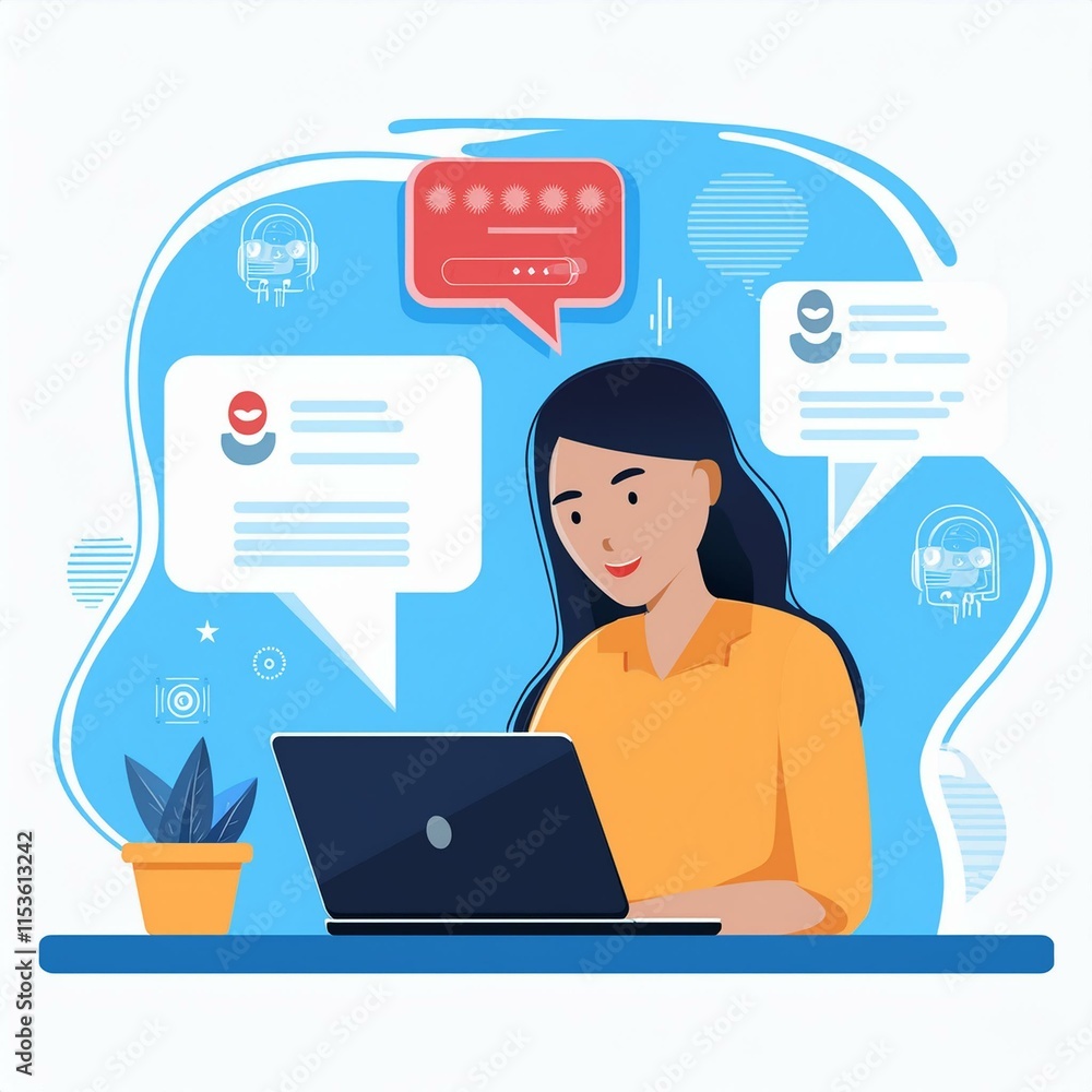 Poster person working on laptop - chat bot chat with ai or artificial intelligence technology.