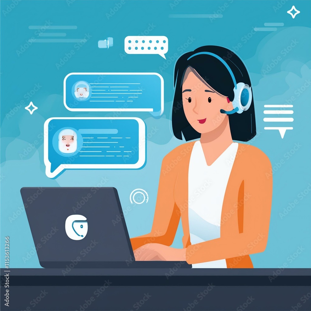 Poster person working on laptop - chat bot chat with ai or artificial intelligence technology.