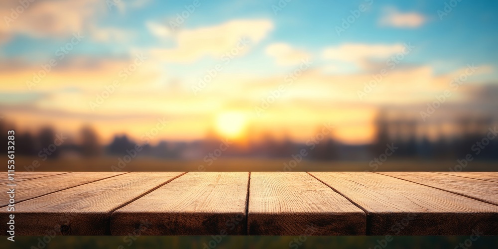 Poster blurred image featuring a wood table complemented by an abstract blue sky background, creating a ser
