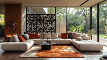 Fototapeta premium Modern sectional sofa in beige with orange pillows, black room divider, and large windows overlooking lush greenery.