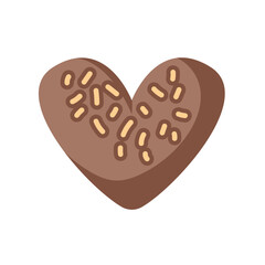 Heart shaped chocolate candy in mocha mousse color with sprinkles in flat style. Ideal for theme of love, romance and dessert. Great for Valentines Day and festive design.