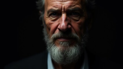 Fototapeta premium Close-up portrait of a senior Caucasian man with a long gray beard, intense gaze, and weathered features. The dark background emphasizes his expressive face.