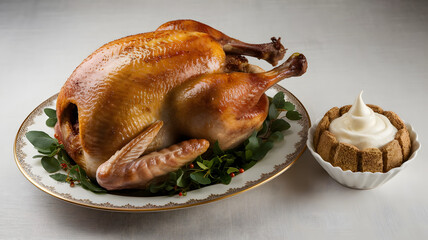 A photo of a plate with a whole roasted turkey with a golden-brown skin.