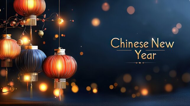 Bold Chinese New Year text surrounded by floating red lanterns