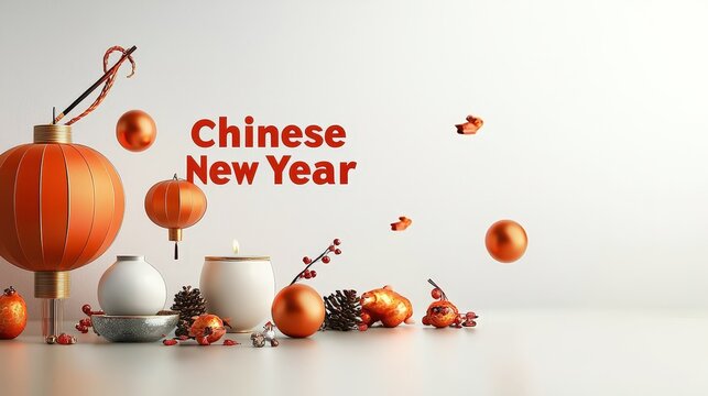 Bold Chinese New Year text surrounded by floating red lanterns