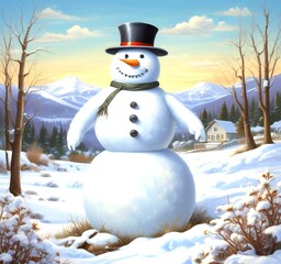 Obraz premium Illustration of snowman with winter landscape.