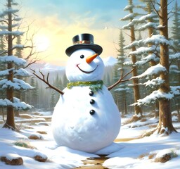 Obraz premium Illustration of snowman with winter landscape.
