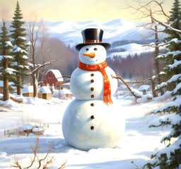 Obraz premium Illustration of snowman with winter landscape.