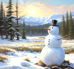Obraz premium Illustration of snowman with winter landscape.