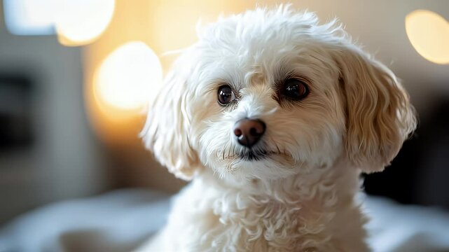 Adorable Fluffy White Dog Portrait: A Close-Up of a Calm and Sweet Maltipoo