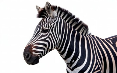 Zebra standing isolated on a white background, featuring a close-up of its distinctive striped face