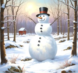 Obraz premium Illustration of snowman with winter landscape.