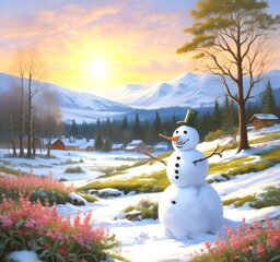 Fototapeta premium Illustration of snowman with winter landscape.