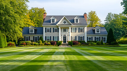 Stately colonial mansion in Rhinebeck New York with symmetrical design and lush front lawn