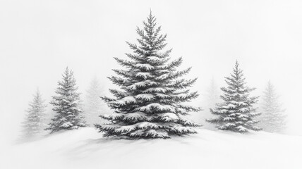 Fototapeta premium A simple pencil sketch of an evergreen tree in the snow, surrounded by other trees in a misty setting, created in black ink with a minimalistic, vintage hand-drawn style.