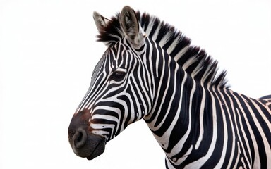 Zebra standing isolated on a white background, featuring a close-up of its distinctive striped face
