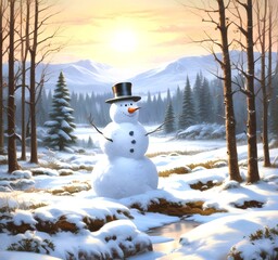 Obraz premium Illustration of snowman with winter landscape.