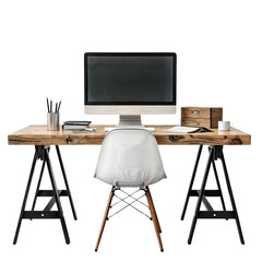 Rustic Industrial Desk Setup: A minimalist workspace with a reclaimed wood desk on trestle legs, a white chair, and a sleek computer monitor.