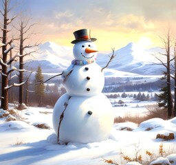 Obraz premium Illustration of snowman with winter landscape.