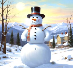 Obraz premium Illustration of snowman with winter landscape.