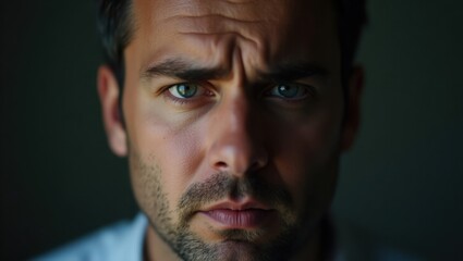 Fototapeta premium Close-up portrait of a pensive young man with intense blue eyes. The low-key lighting creates a dramatic mood, highlighting his facial features and expression.