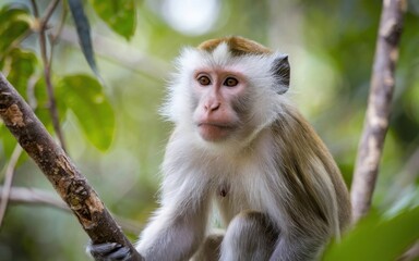 A beautiful portrait of a white-faced monkey in the jungle with a bokeh background