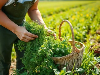 Biodynamic farmer picks fresh herbs in a sunny field