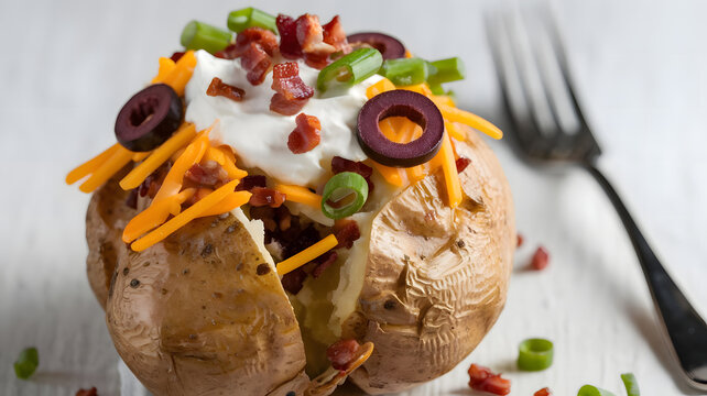 A photo of a kumpir (a baked potato with various toppings) against a white background.