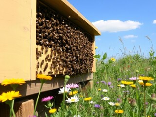 A biodynamic bee colony in full bloom, thriving within a bustling bee hotel, surrounded by a vibrant patch of wildflowers under a warm and sunny sky