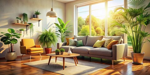Fototapeta premium Sunlit Cozy Living Room with Plants & Modern Couch - Stock Photo